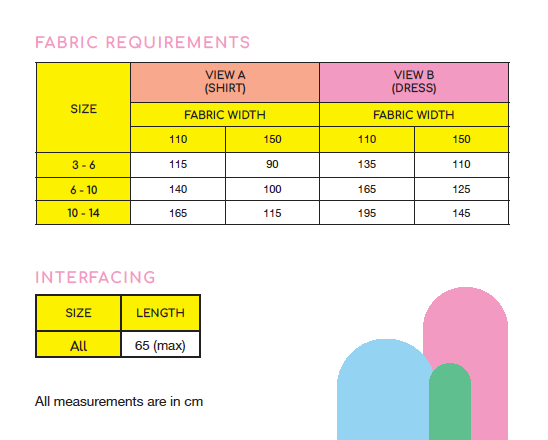 Fabric requirements chart for Ace Baseball shirt and dress with measurements in cm.